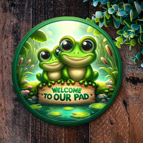 Frog Welcome to Our Pad Metal Sign, Garden Pond plaque, Frog gifts, New Home wreath