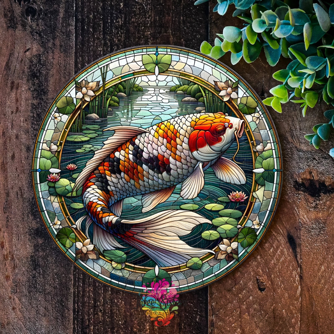 Koi Carp Sign, Pond Décor, FAUX Stained Glass Garden Art, Japanese ...