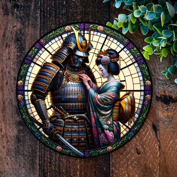 Samurai Warrior and Geisha sign, FAUX stained glass Garden Art, Japanese garden decorations, outdoor metal plaque