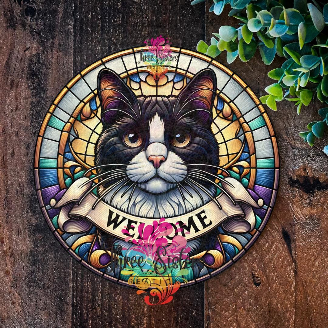 【SOLD OUT】☆ステンドグラス風 ハワイアンフレーム☆三毛猫とレインボー Tuxedo Cat Welcome Sign: Faux Stained Glass Metal Wreath - Etsy