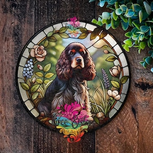 Cocker Spaniel Faux Stained Glass Metal Wall Art: Dog Memorial Plaque