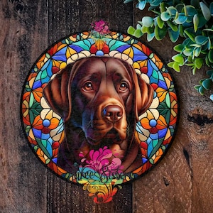 Chocolate Labrador Metal Sign: Faux Stained Glass Effect, Dog Memorial Plaque