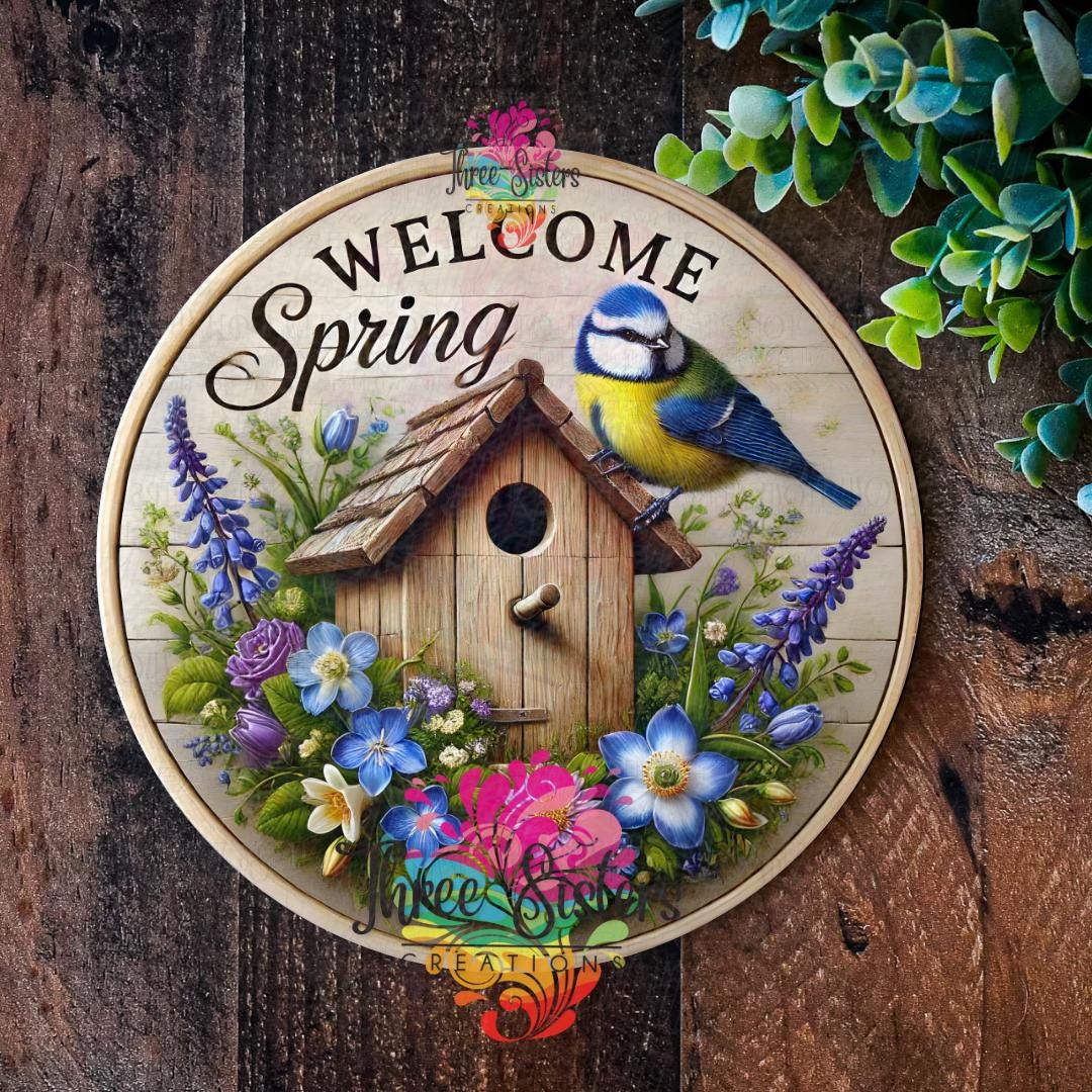 Blue Tit Welcome Spring Sign, Metal Garden Bird Plaque, Floral Outdoor ...