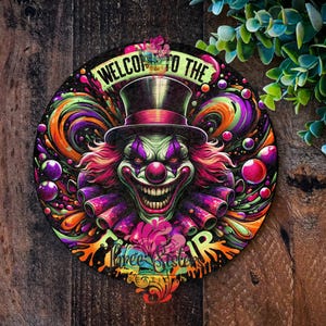Willkommen in der Fun Fair Clown Schild, Karneval Dekor, Runde Eerie Spaßvogel Wand Kunst, Horror Zirkus Plakette, Halloween Akzent Metallkranz Schilder