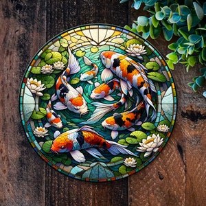 Koi Sign, Garden Ornament, FAUX stained glass Garden Art, Japanese garden decorations, outdoor metal plaque