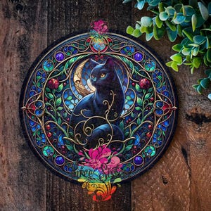 Majestic Black Cat Sign Halloween Wreath sign , Faux Stained Glass Wall Art, Halloween Signs, Feline Illustration, Unique Cat Lover Gift