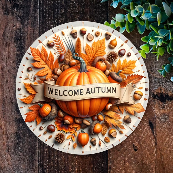 3D Effect Autumn Harvest Welcome Sign, Round Pumpkin Wreath sign, Fall Décor, Rustic Wreath Door Decorations