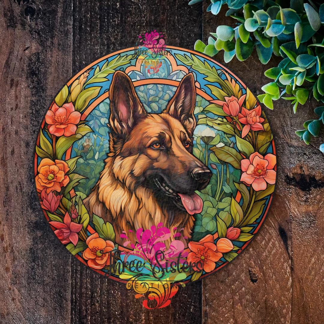 ジャーマンシェパードのメタルサイン：花柄の犬用リースサイン - Etsy 日本