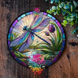 Faux Stained Glass Dragonfly Metal Sign: Garden Decor