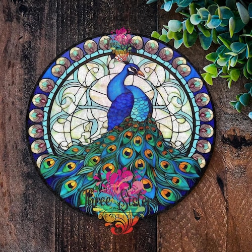 Metal Peacock Sign: Faux Stained Glass Garden Wall Art