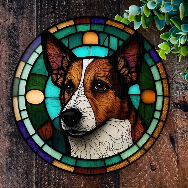 Jack Russell sign, Metal dog plaque, Wreath signs, Faux Stained Glass, Front door wreath
