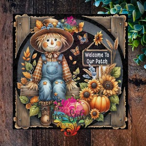 Scarecrow Pumpkin Patch Welcome Metal Sign: Rustic Autumn Wreath Door Hanger