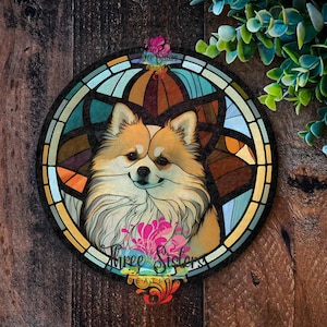 Pomeranian sign, Metal dog plaque, Wreath signs, Faux Stained Glass, Front door wreath