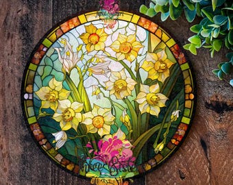 Spring Daffodil sign, outdoor décor gift, Garden Decorations, Gardening gifts, Faux stained glass wreath sign