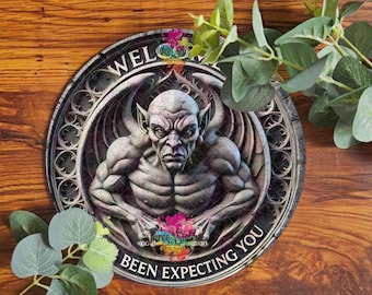 Gargoyle Welcome Sign, Gothic Door Plaque, Medieval Garden Wall Art