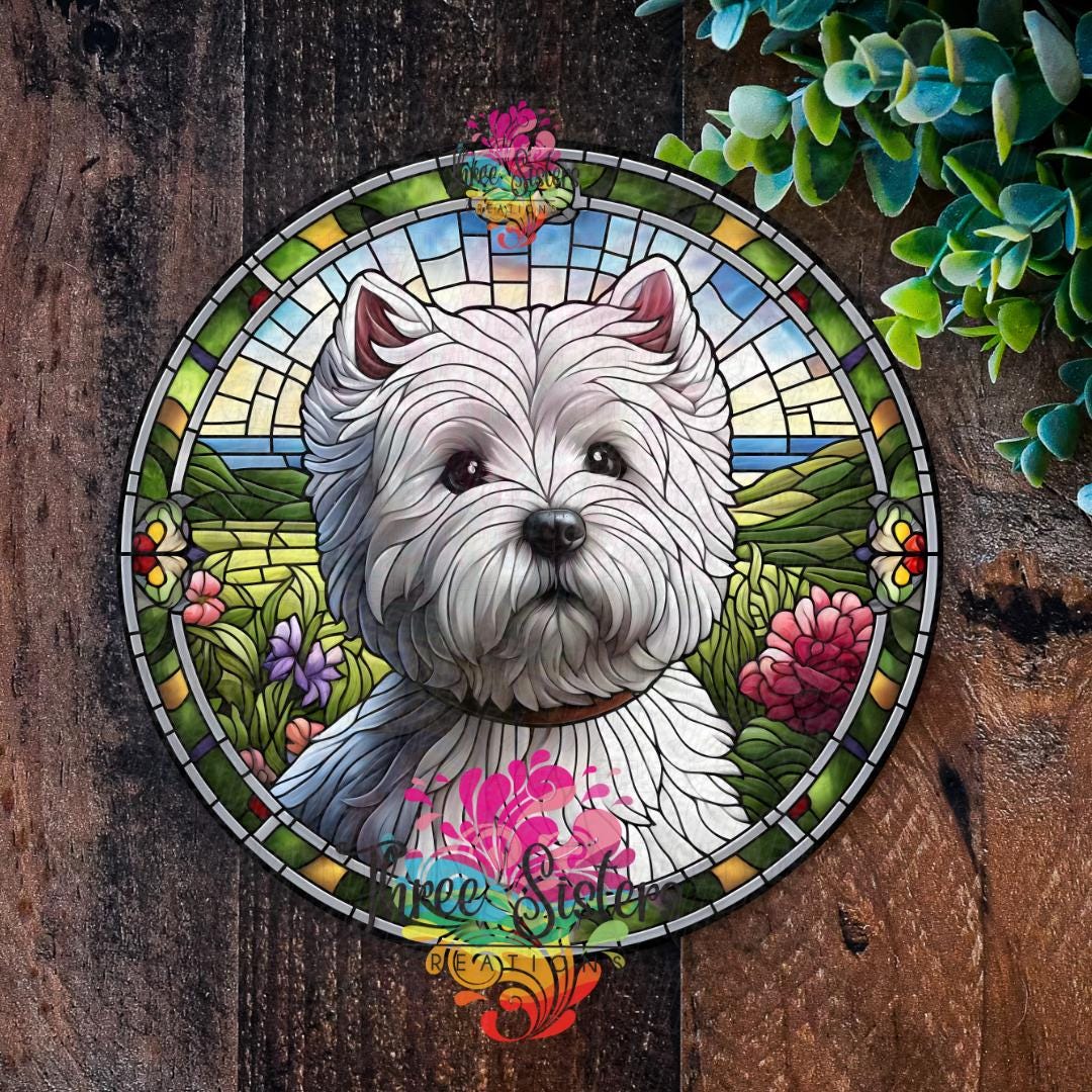 West Highland Terrier Glasmalerei-Schild, Westie-Schild, Metallhundeschild, Hundekranz, dekoratives Hundeschild