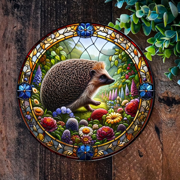 Hedgehog sign, Garden Hedgehog Gifts,  Faux Stained glass Hedgehog plaque, Metal Hedgehog decoration, Garden Art