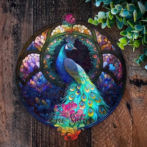 Letrero de pavo real con vitral falso, decoración de pared de metal
