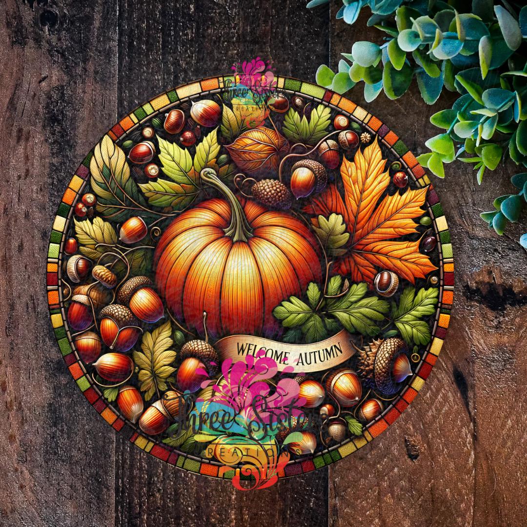 Welcome Autumn Pumpkin Sign: Faux Stained Glass Metal Wreath