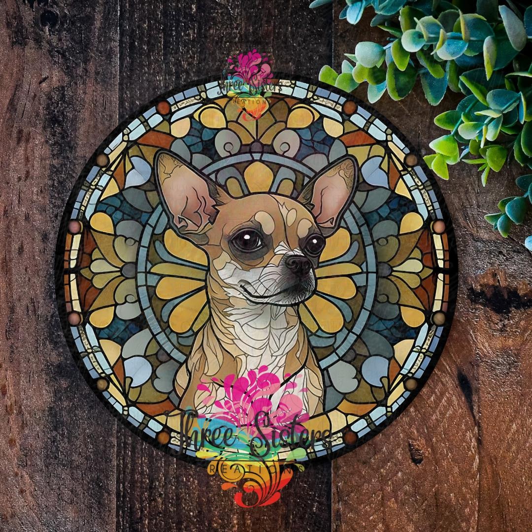 Chihuahua Dog Sign: Faux Stained Glass Metal Plaque