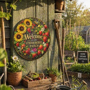 May include: A circular sign with the words "Welcome to Our Strawberry Patch", featuring sunflowers, strawberries, and bees. It's mounted on a weathered wooden wall, with gardening tools and potted plants in the background.