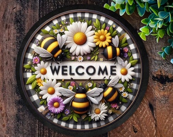 Bee sign, Bee gifts, Bumblebee wreath sign, Welcome plaque, Metal Garden decorations, Front door wreath