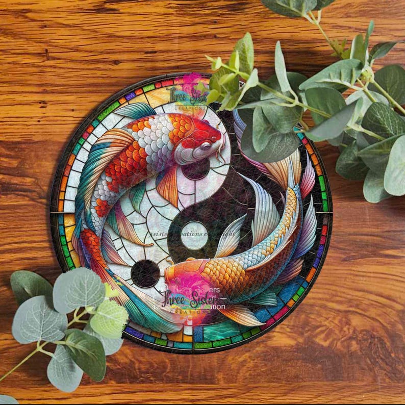 Placa de pared japonesa Koi Yin Yang, letrero de pez koi con vitrales falsos, decoración de jardín zen imagen 5