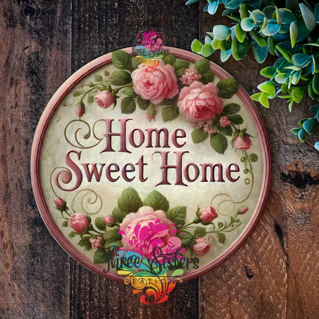 Home Sweet Home Sign: Vintage Rose Floral Wreath, UK Made - Etsy Israel, image size:1080x1080