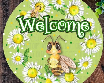 Welcome wreath sign, Daisy  sign, Bee sign, Welcome sign, UK wreath sign, Summer wreath, Spring Wreath, Metal wreath sign