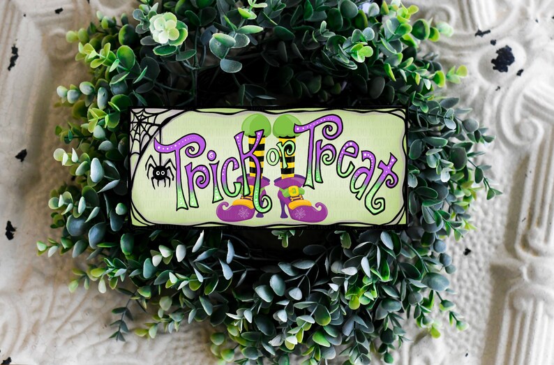 Witch Trick or Treat sign, Halloween wreath sign, Witches Boots, Outdoor decorations for Halloween, Quirky Halloween Party Decor image 4