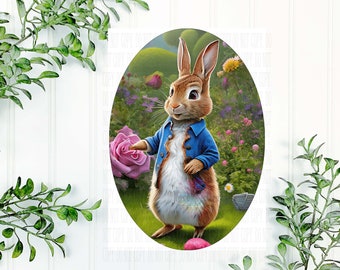 Easter Wreath Sign, Easter Wreath, Metal Peter Rabbit Oval Sign, Peter Cottontail Spring Meadow Theme, Perfect for Easter Decorations