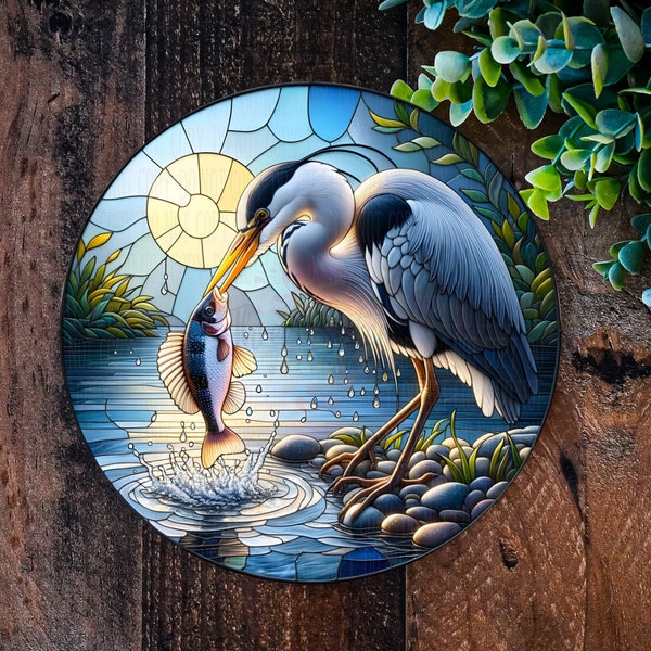 Heron Metal Sign, Faux Stained Glass Metal Sign, Garden Decorations, Lakeside Bird Wall Art, Fishing Scene Décor, Nature-Inspired gifts