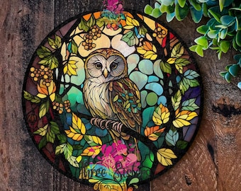Owl gifts Owl sign, Metal sign, Garden Decorations, Gardening gifts, Faux stained glass wreath sign