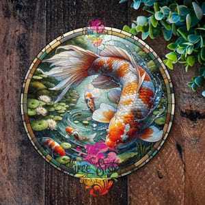 Koi fish, Koi carp Sign, Japanese gift, Garden Décor, FAUX stained glass Garden Art, Japanese garden ornaments, outdoor metal plaque