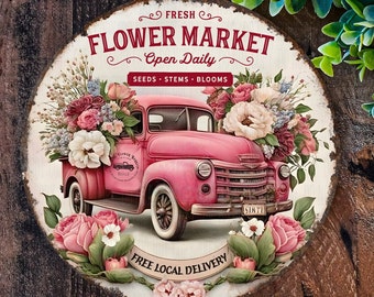 Rustic Vintage Truck sign, Welcome wreath sign, wreath sign, Metal signs, pink Truck, Welcome wreath, Flower Market