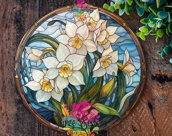 Daffodil Metal Sign, Faux Stained Glass Flower, Spring Garden Decor