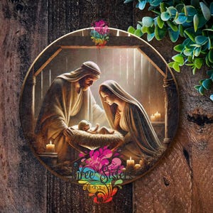 May include: A painting of the Holy Family in a manger scene. Joseph, Mary, and baby Jesus are depicted in a warm, golden light. The scene is set in a rustic barn with straw on the floor and a wooden beam overhead.