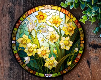 Spring Daffodil sign, Metal sign, Garden Decorations, Gardening gifts, Faux stained glass wreath sign