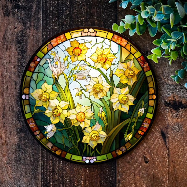 Spring Daffodil sign, Metal sign, Garden Decorations, Gardening gifts, Faux stained glass wreath sign