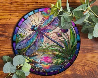 Dragonfly Metal Sign, Faux Stained Glass Garden Wall Art Gift, Round Pond Floral Plaque Outdoor Hanging Decor