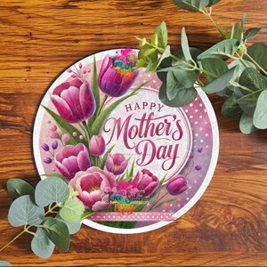 Floral Mother's Day Metal Sign: Pink Tulip Wreath Plaque