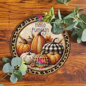 Autumn wreath sign Hello Pumpkin sign Fall Harvest plaque , Round Pumpkin Wreath sign, Fall Décor, Rustic Wreath Door Decoration