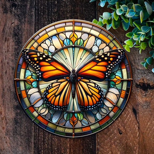 Monarch Butterfly sign, Garden signs, Faux Stained Glass Metal Wall Art, Nature Sign, Gardening gifts