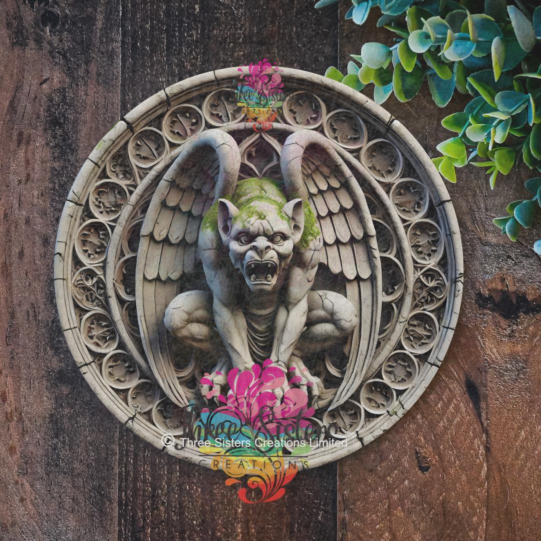 Gothic Gargoyle Plaque, Stone Effect Winged Grotesque Sign, Round