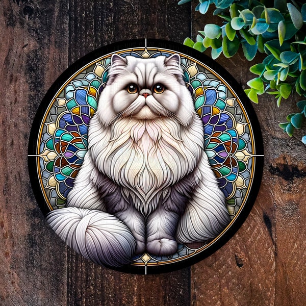 Persian cat gift, Cat Sign, FAUX stained glass Cat, Pet loss memorial, Gifts for Cat Lovers, metal wreath signs, Cat wreath