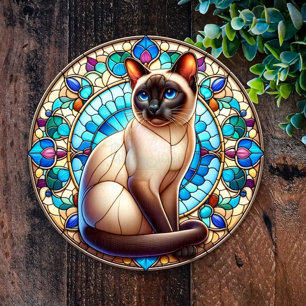 Siamese Cat Sign, Gifts for Cat Lovers, FAUX stained glass Cat, Siamese Cat Décor, Gifts for Cat Lovers, metal wreath signs, Cat wreath