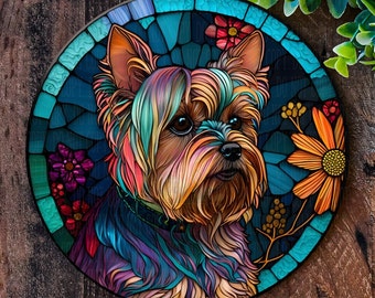 Yorkshire Terrier sign, Metal dog plaque, Wreath signs, Faux Stained Glass, Front door wreath