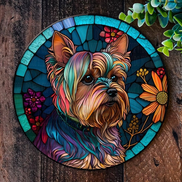 Yorkshire Terrier sign, Metal dog plaque, Wreath signs, Faux Stained Glass, Front door wreath