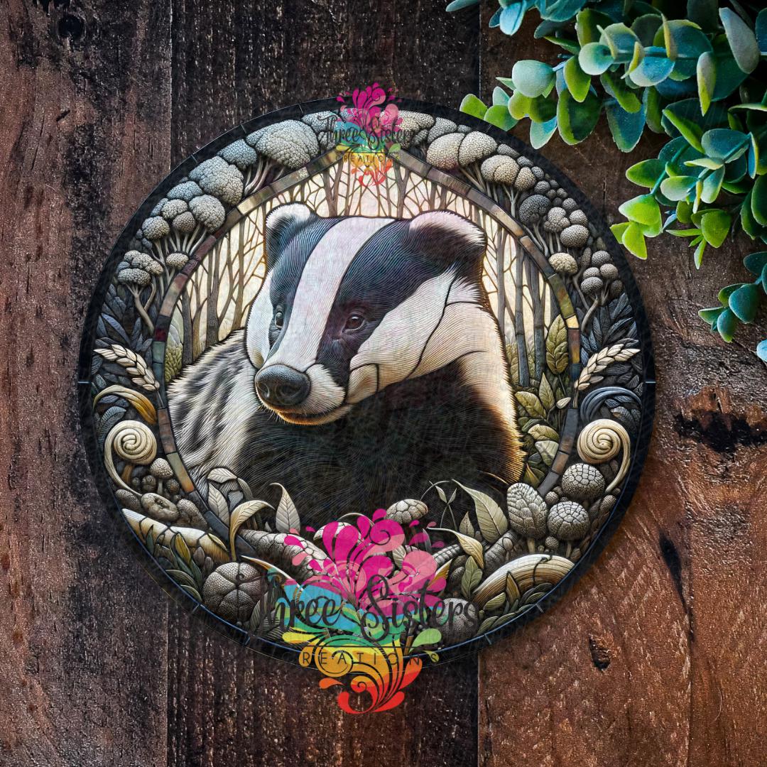 Badger sign Badger lover gift, Metal Badger Plaque, Garden Decorations, Faux Stained glass Metal wreath signs