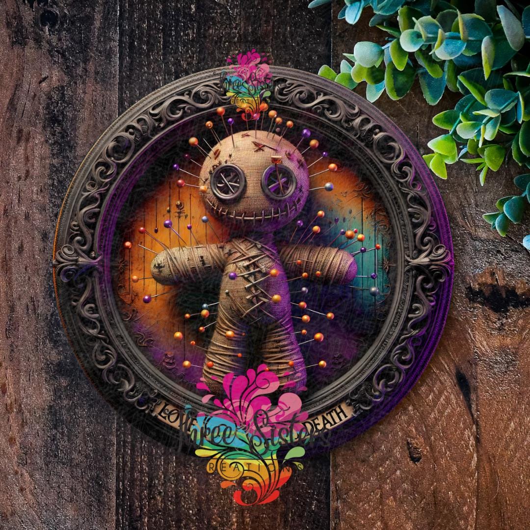 Voodoo Doll Halloween Wreath Sign, Gothic Metal Wall Art Plaque
